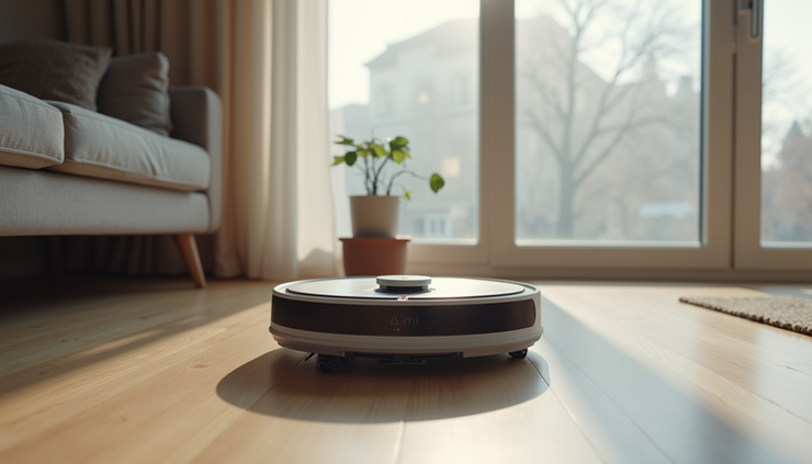 Eye-level view of a modern living room with an AI robot vacuum cleaning the floor