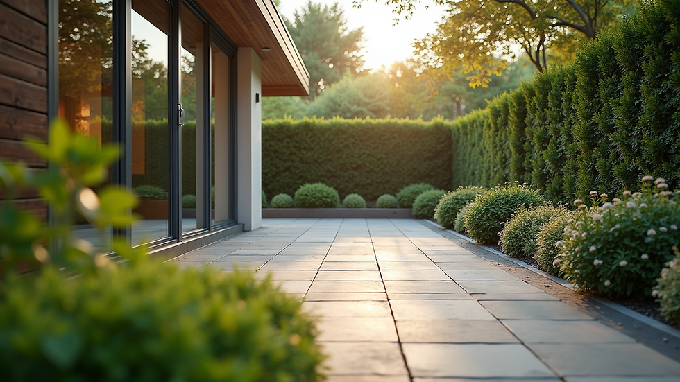 Eye-level view of a beautifully installed patio with surrounding landscaping