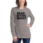 Thumbnail: Model showing a long sleeve shirt with text that says "Read. Return. Repeat."