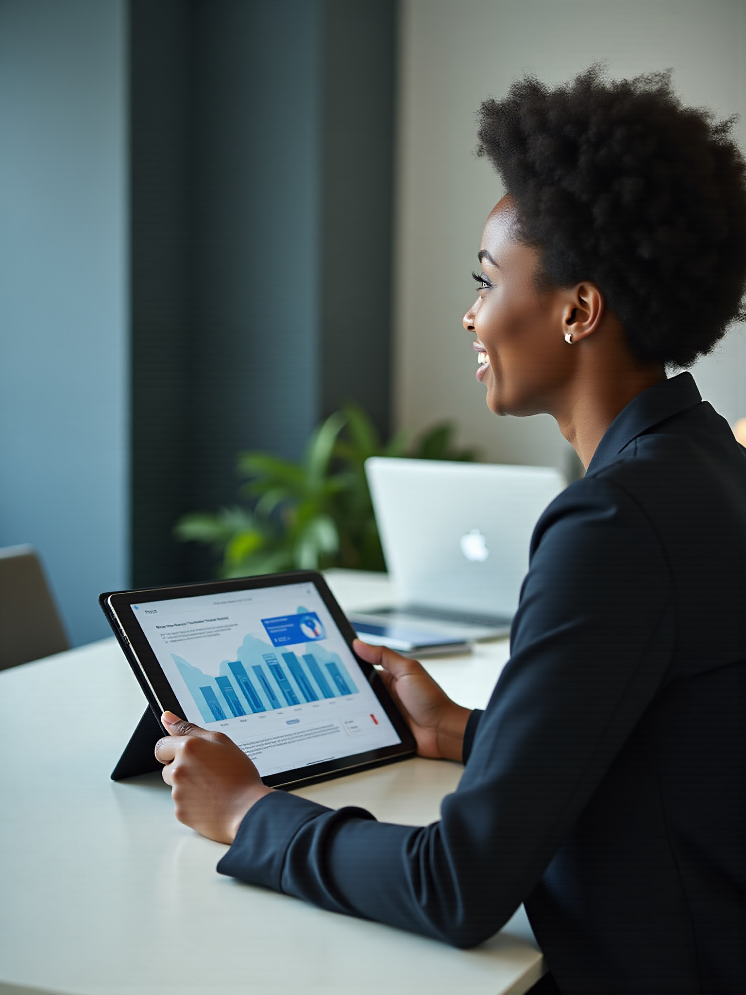 Happy businesswoman reviewing data charts on tablet