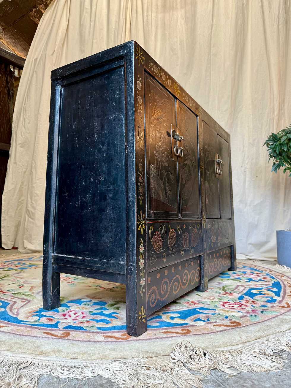 Thumbnail: Black Lacquered Hand painted Chinese Sideboard Antique Mongolian Style Cabinet