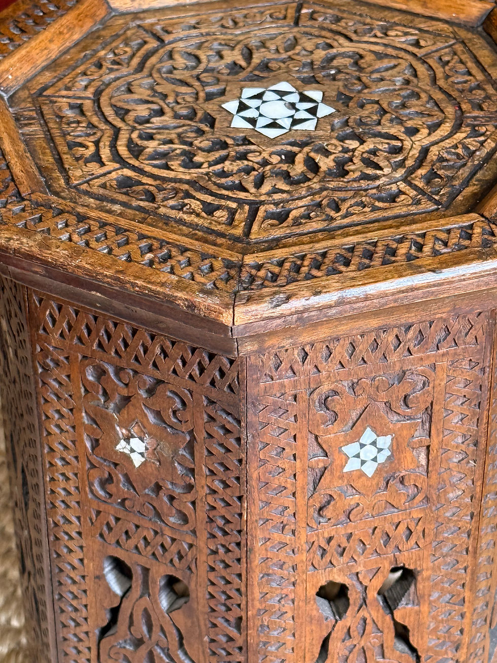 Thumbnail: Stunning Petite Carved Mother of Pearl Inlaid Side Table