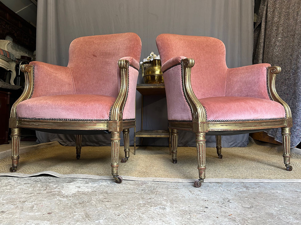 Thumbnail: Pair of Vintage Gilt Mahogany Frame Velvet Upholstered Armchairs 