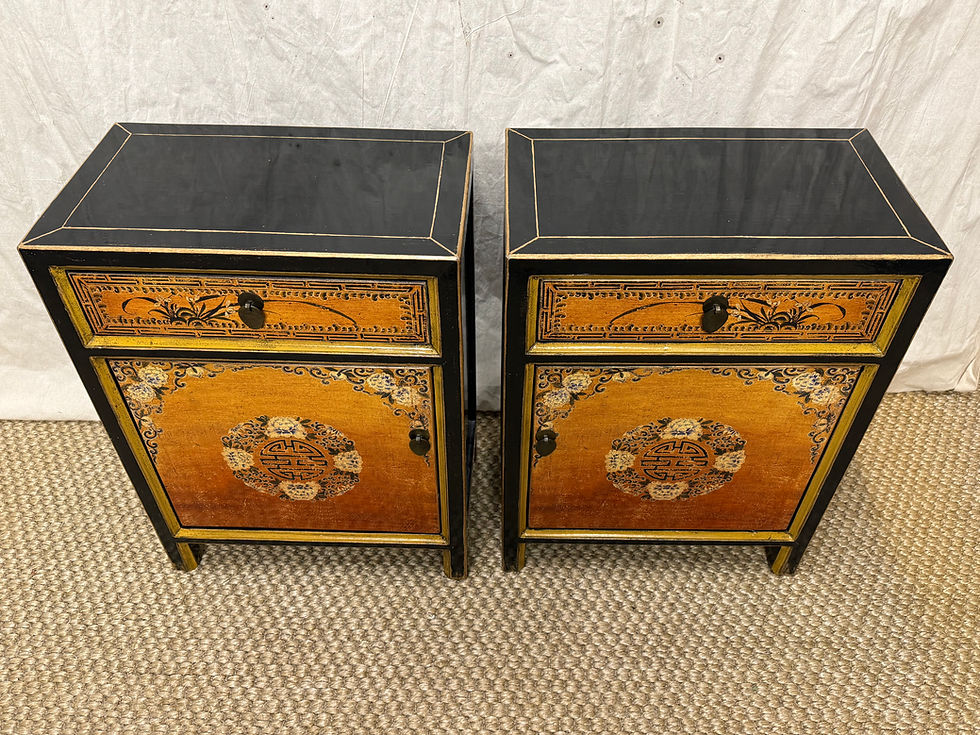 Thumbnail: Gorgeous Pair of Chinese Bedside Tables Black and Gold Lacquered Side Cabinets