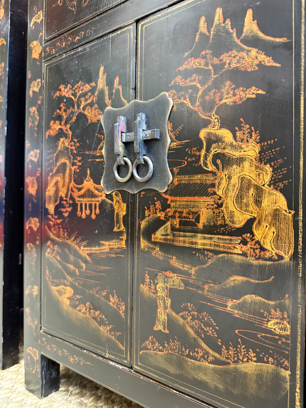 Thumbnail: Pair of Chinese Lacquered Oriental Bedside Side Cabinets Bedside Table