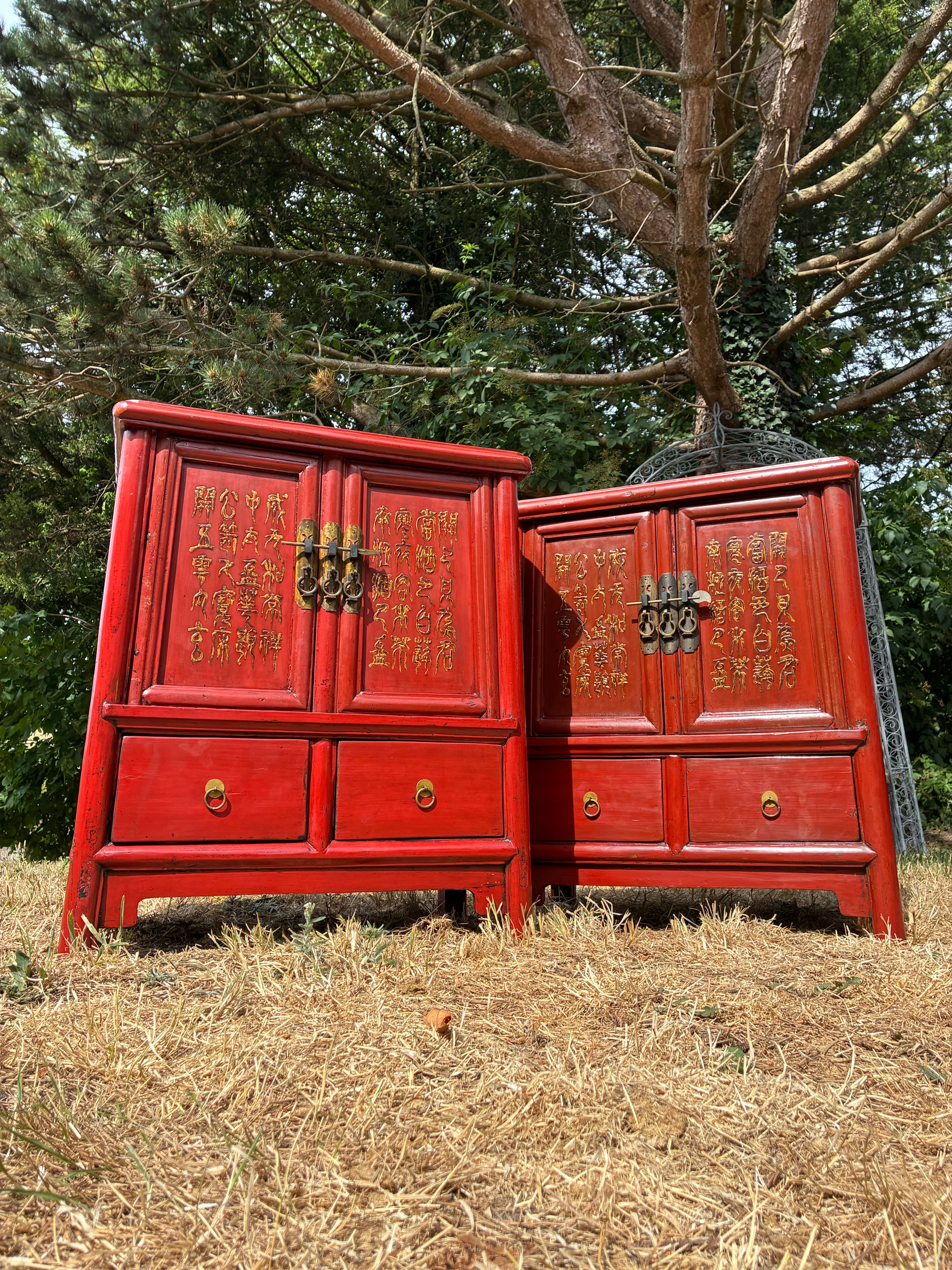 Pair of Red Lacquered Chinese Bedside Cabinets