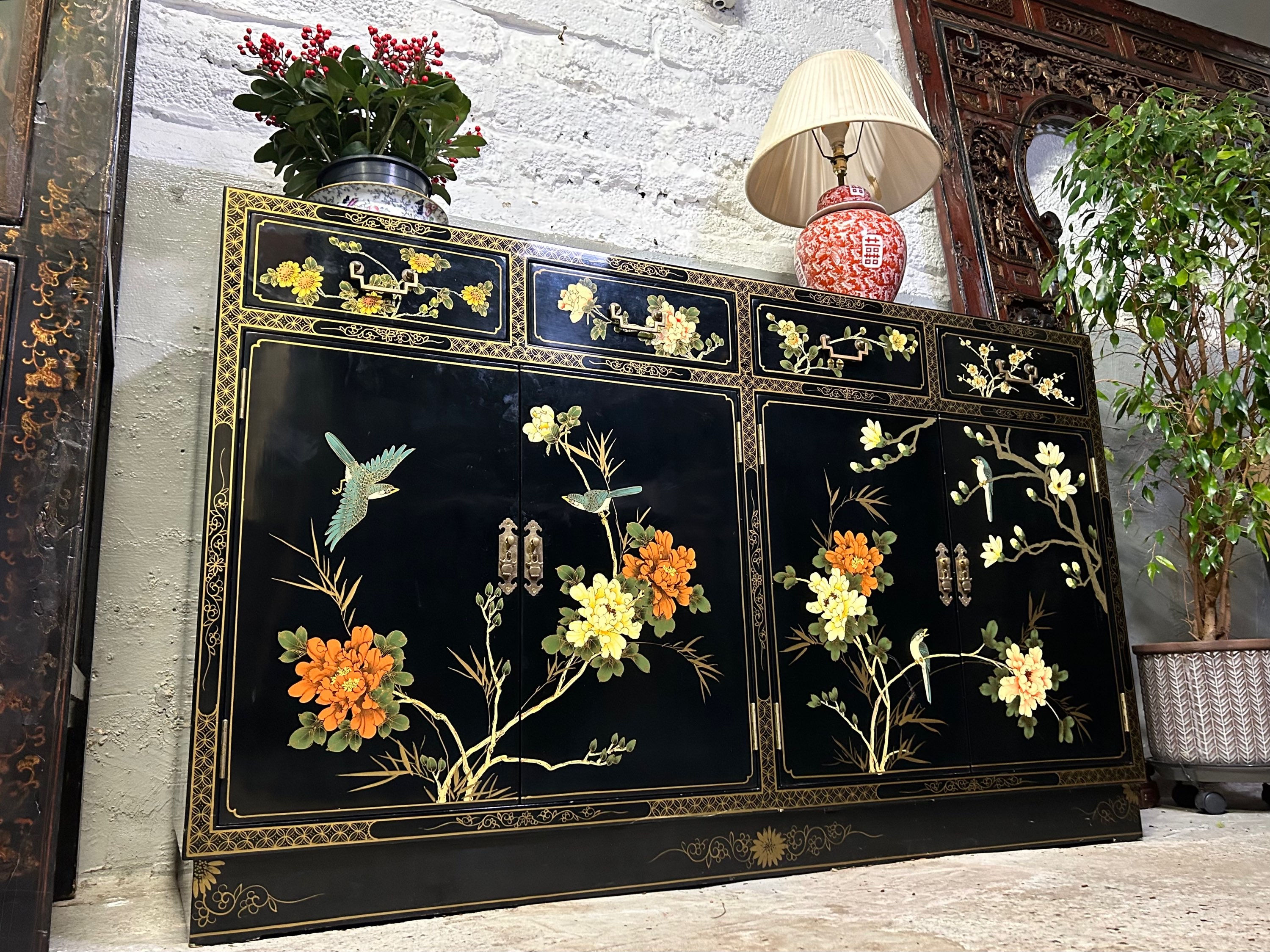 Chinese Hand Painted Black Lacquered Sideboard