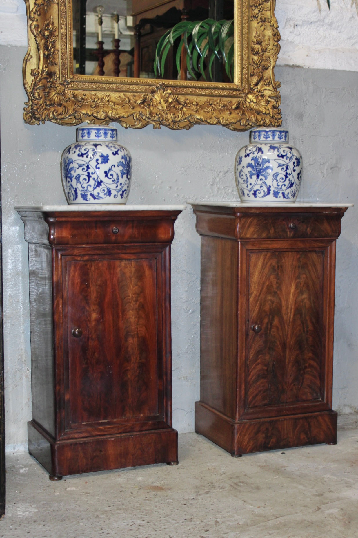 Antique Pair Of Marble Top Pot Cupboards Bedside Table Side Cabinets