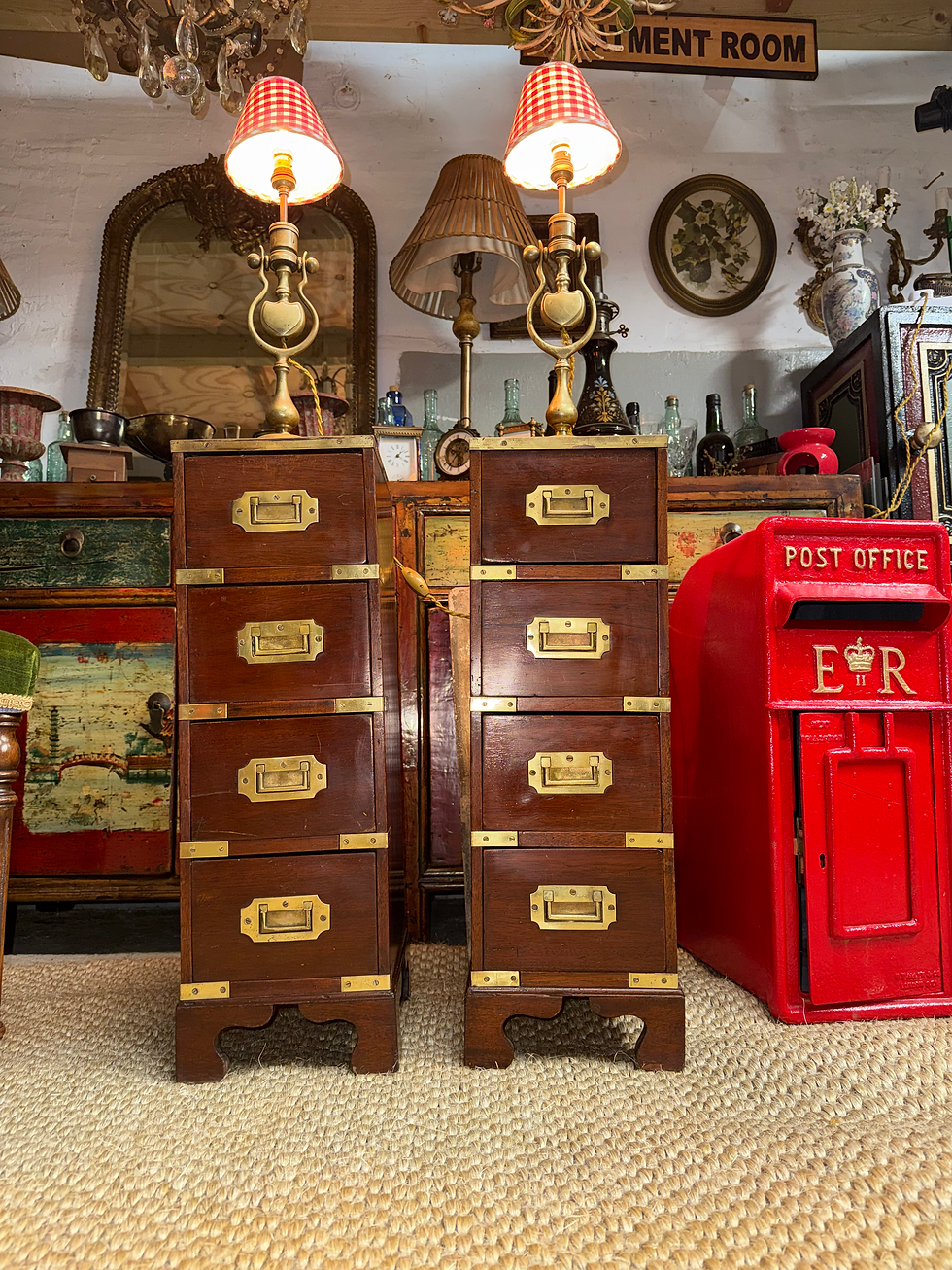 Thumbnail: Pair of Bedside Brass Bound Military Bedside Campaign Cabinets Tables Drawers
