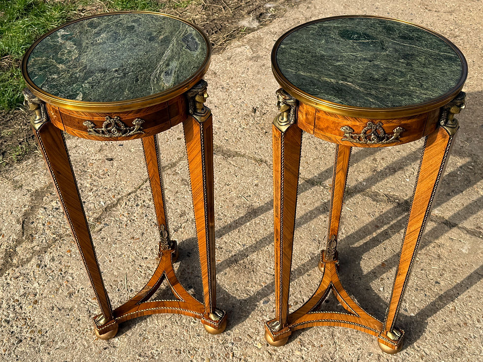 Thumbnail: Pair of French Kingwood Occasional Tables Marble Top Inlaid Side Tables