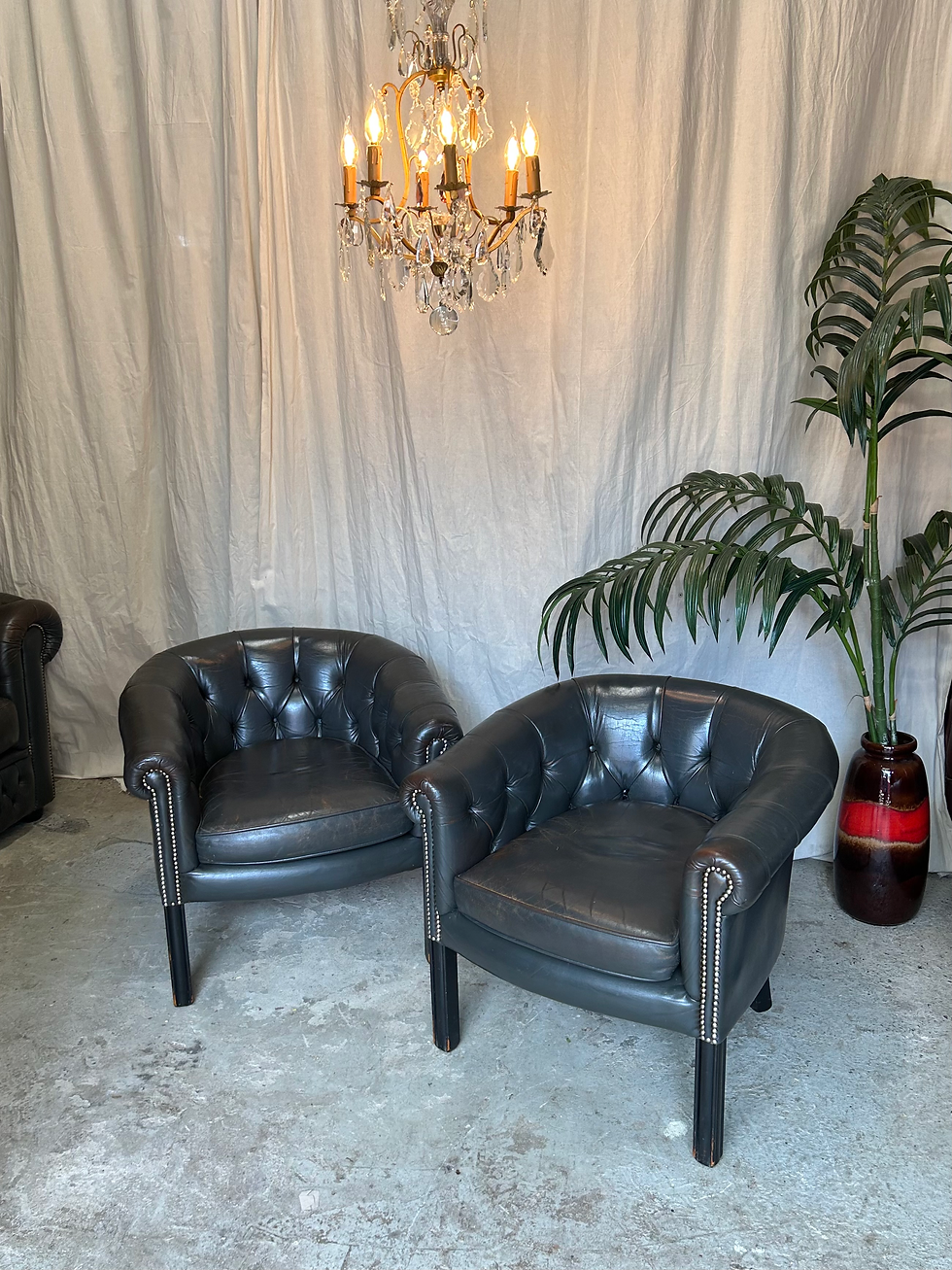 Thumbnail: Pair Of Grey Leather Tub Chairs Club Armchairs Chesterfield Chairs