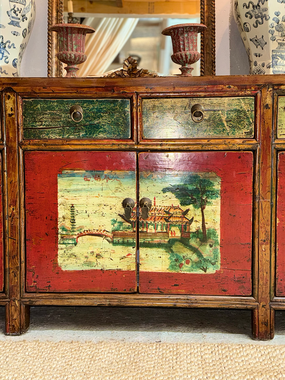 Thumbnail: Large Mongolian Sideboard Lacquered Long Oriental Side Cabinet Chinese Cupboard