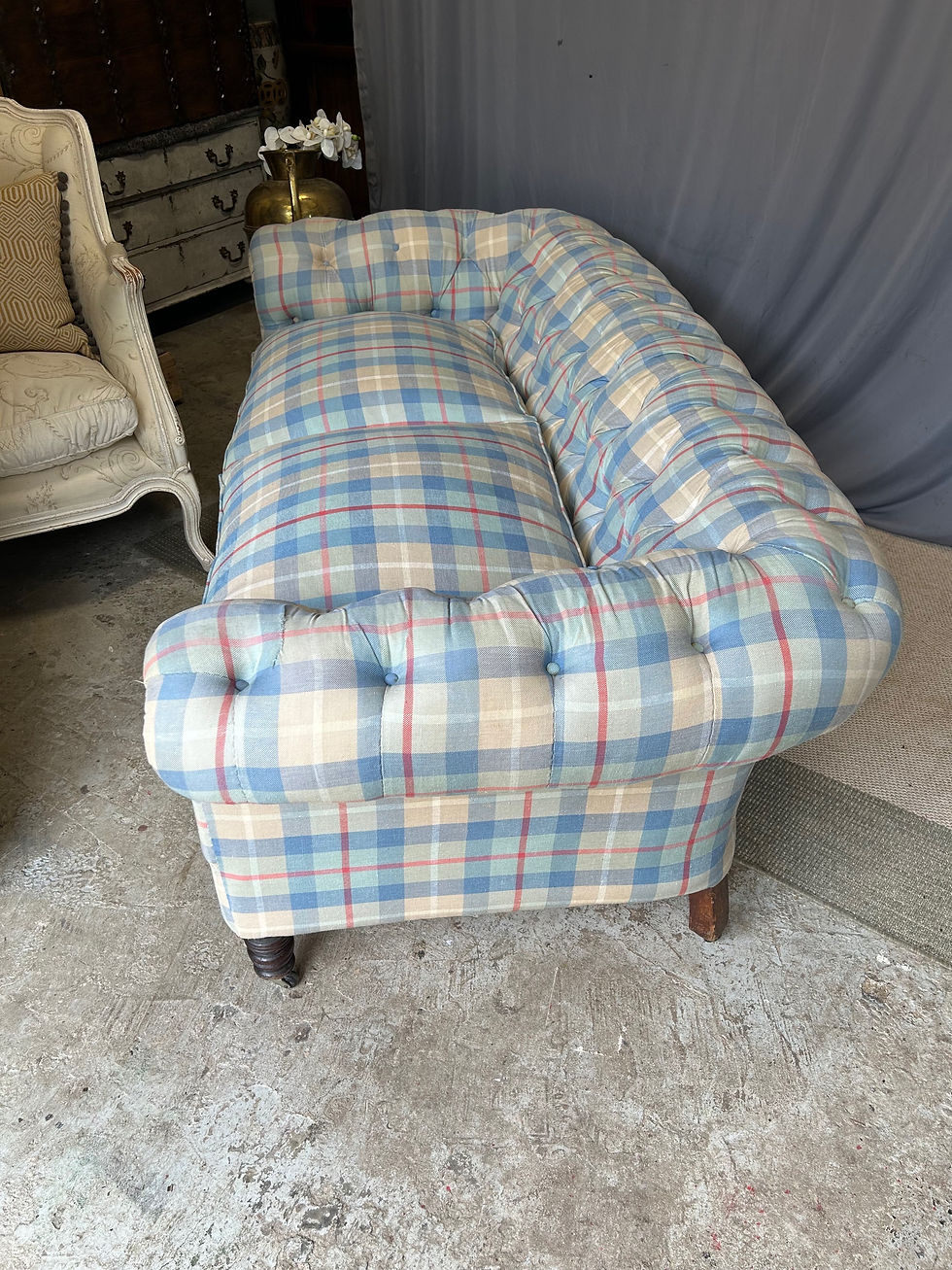 Thumbnail: Antique Chesterfield Sofa on Castors with Plaid Upholstery