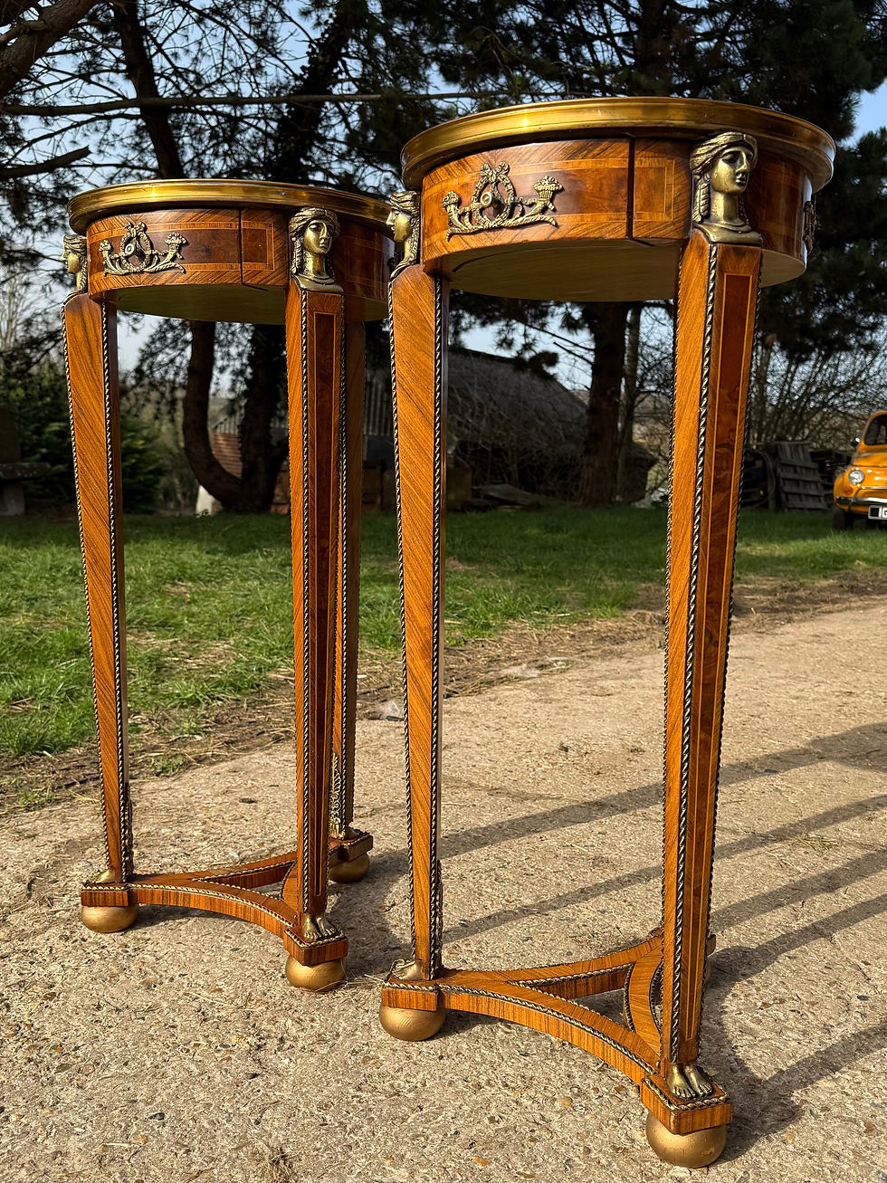 Thumbnail: Pair of French Kingwood Occasional Tables Marble Top Inlaid Side Tables