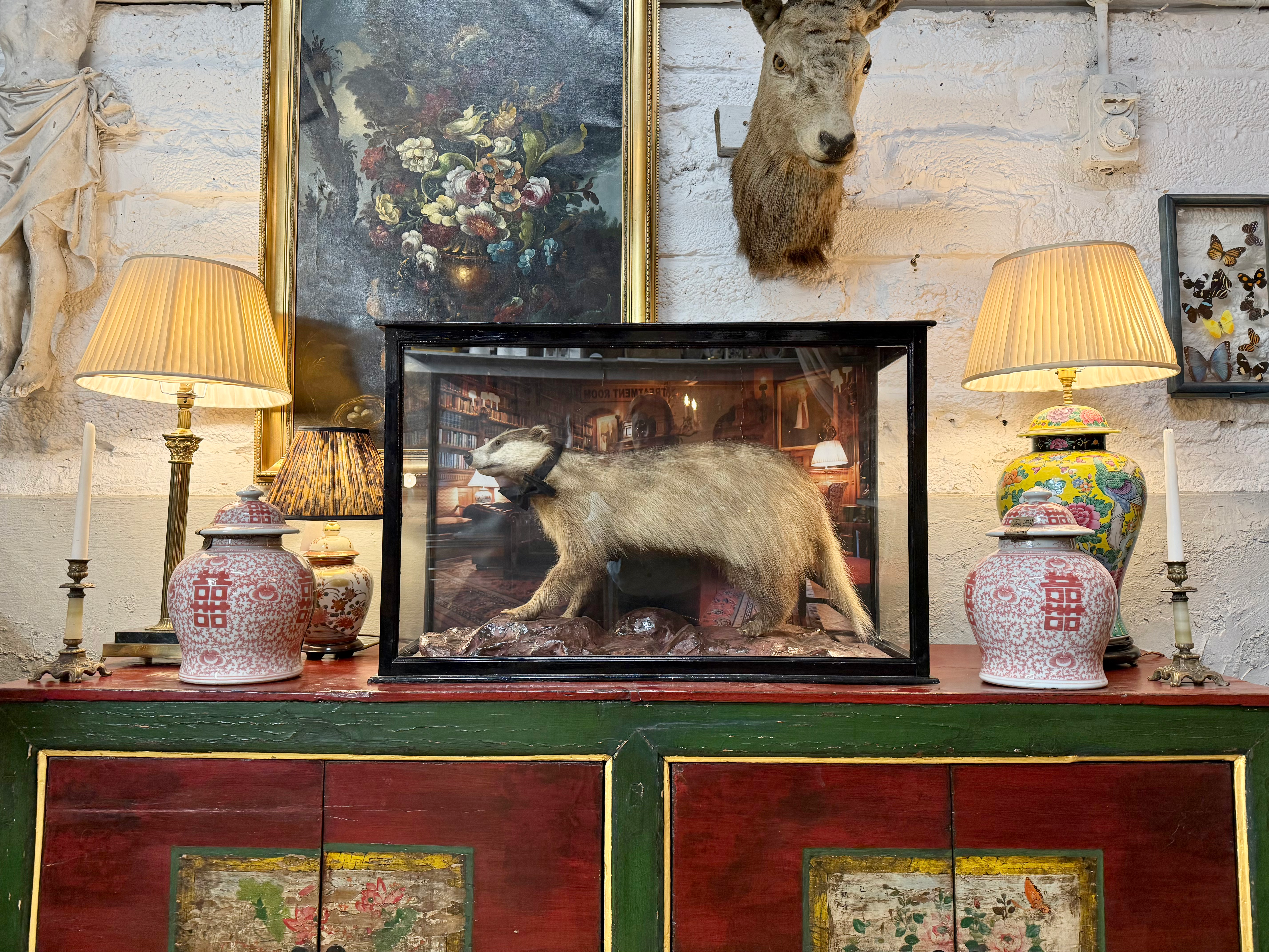 Vintage Taxidermy Badger Ornament Display Case English Taxidermy