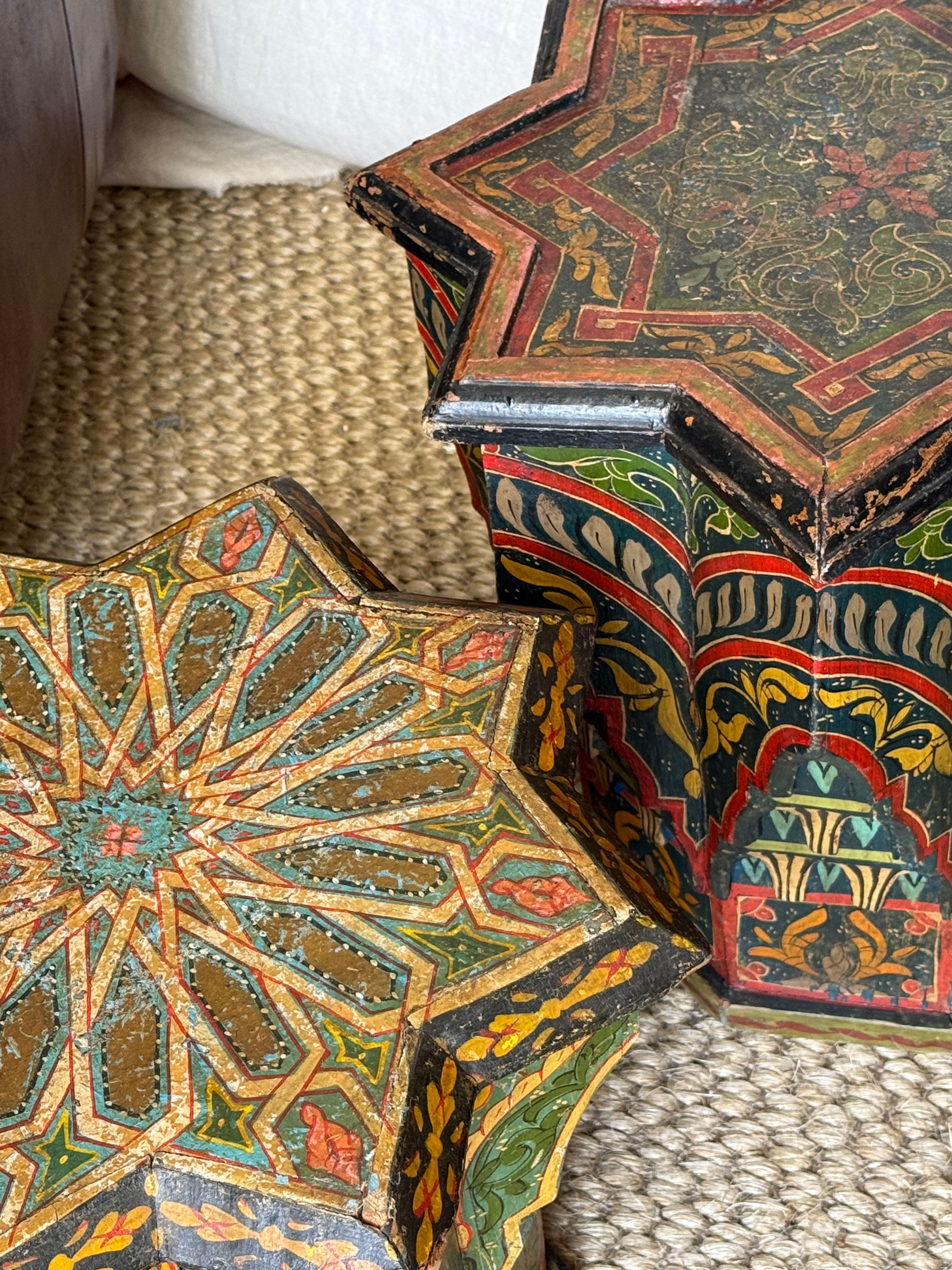 Stunning Pair of Moroccan Antique Painted Side Tables