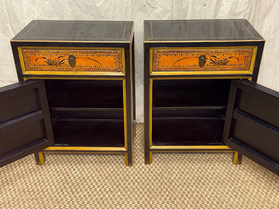 Thumbnail: Gorgeous Pair of Chinese Bedside Tables Black and Gold Lacquered Side Cabinets
