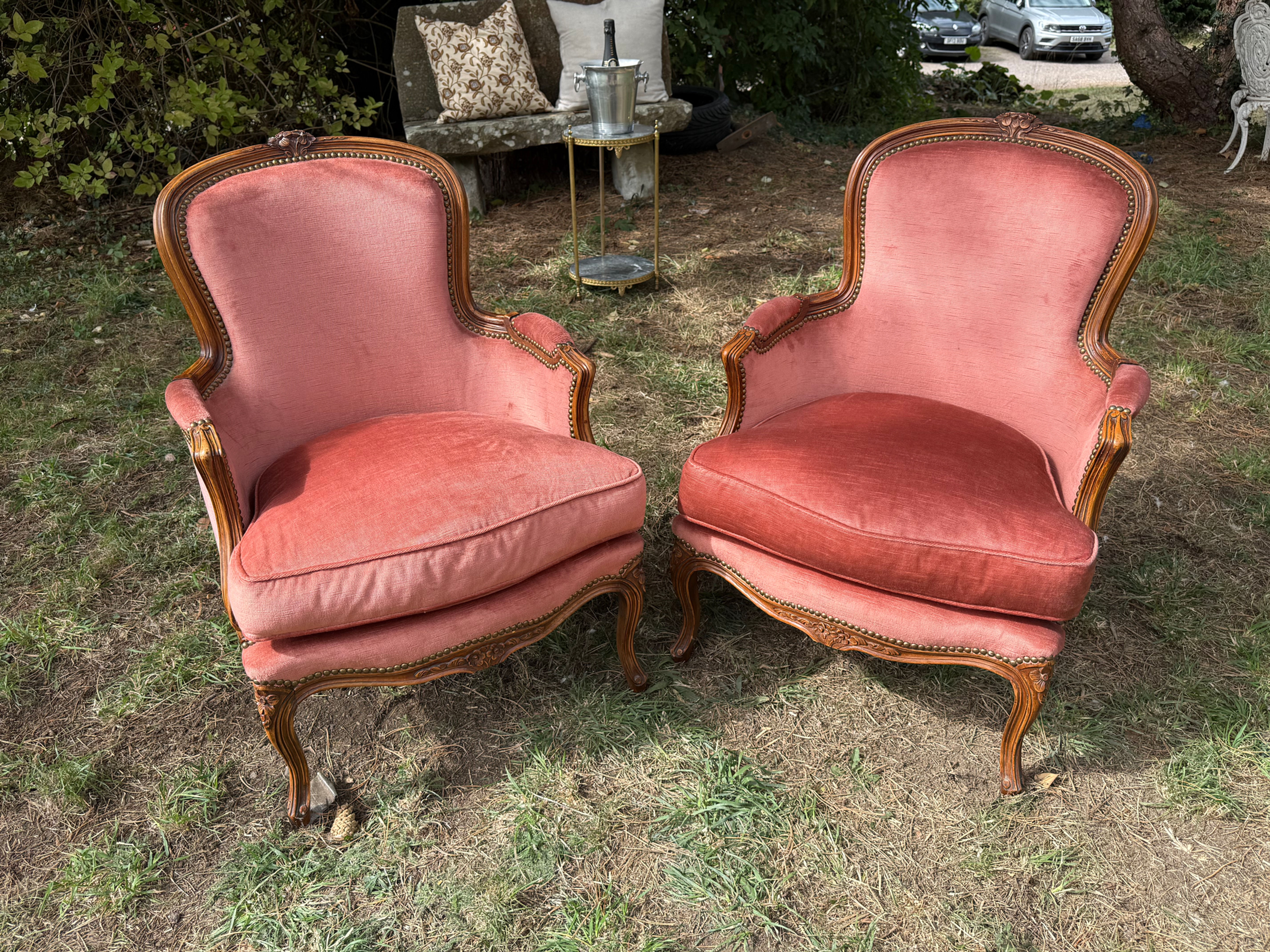 Pair of French Carved Wood Framed Armchairs Pink Accent Chairs