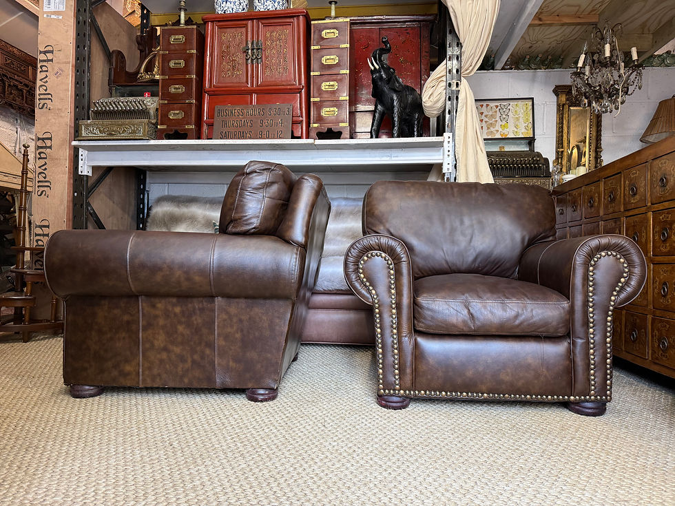 Thumbnail: Pair Of Brown Leather Studded Armchairs Chesterfield Style Tub Chairs