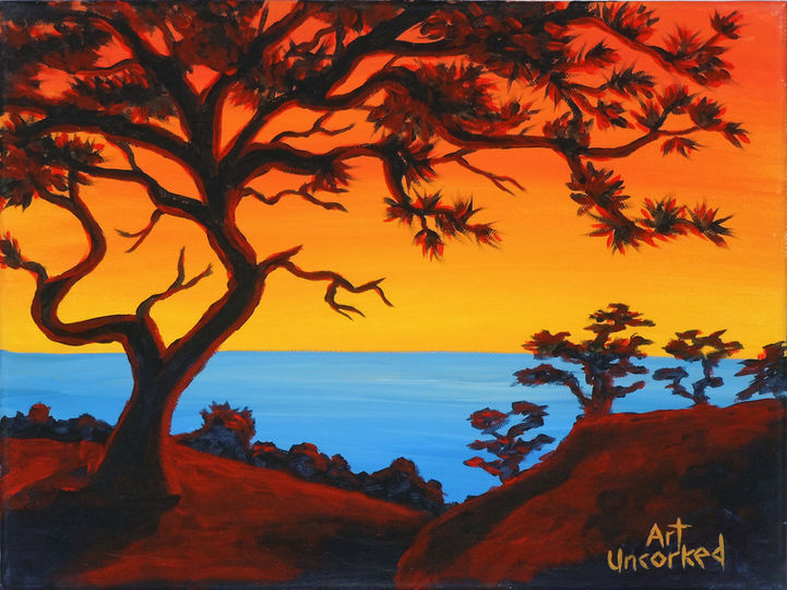 Painting of Torrey pines on a cliff overlooking the ocean at dusk
