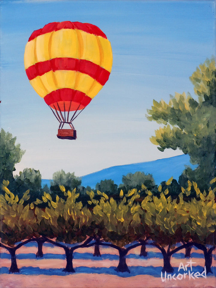 Paintng of Hot Air Bolloon floating over vineyard with trees and mountains in Temecula, CA