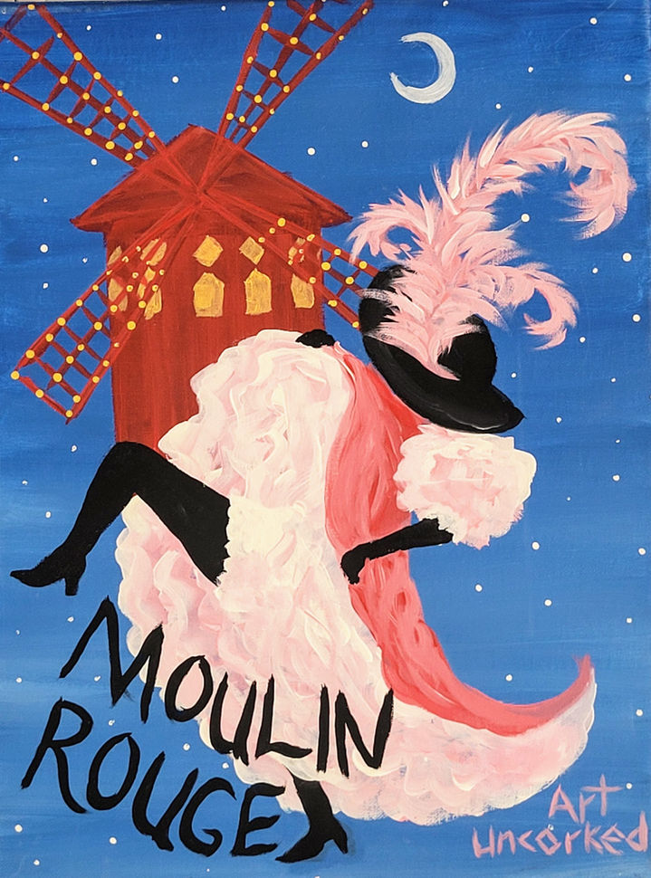 Painting of Dancing lady at Moulin Rouge with a pink feather in her hat