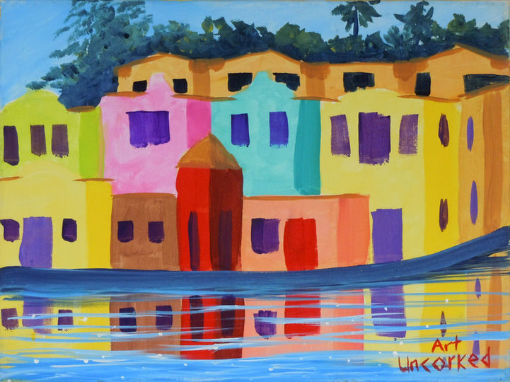 painting of Colorful Capitola Venetian Hotel reflecting on the water
