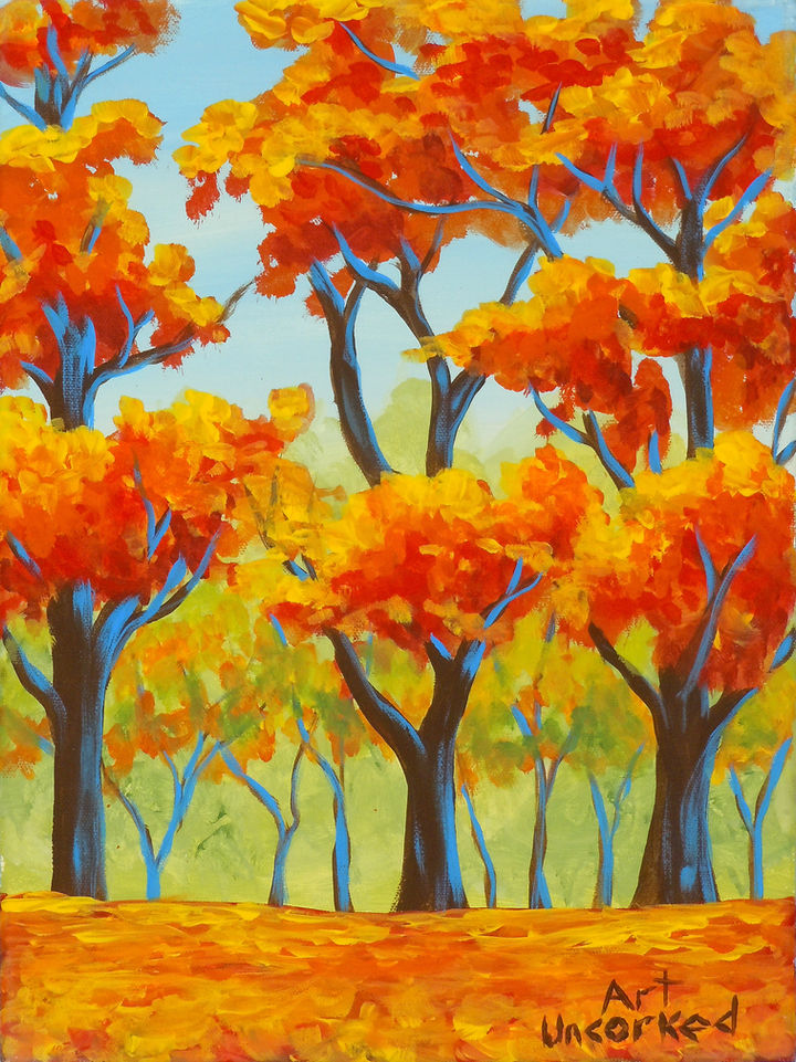 Painting of Trees in Autumn with red, orange and yellow leaves
