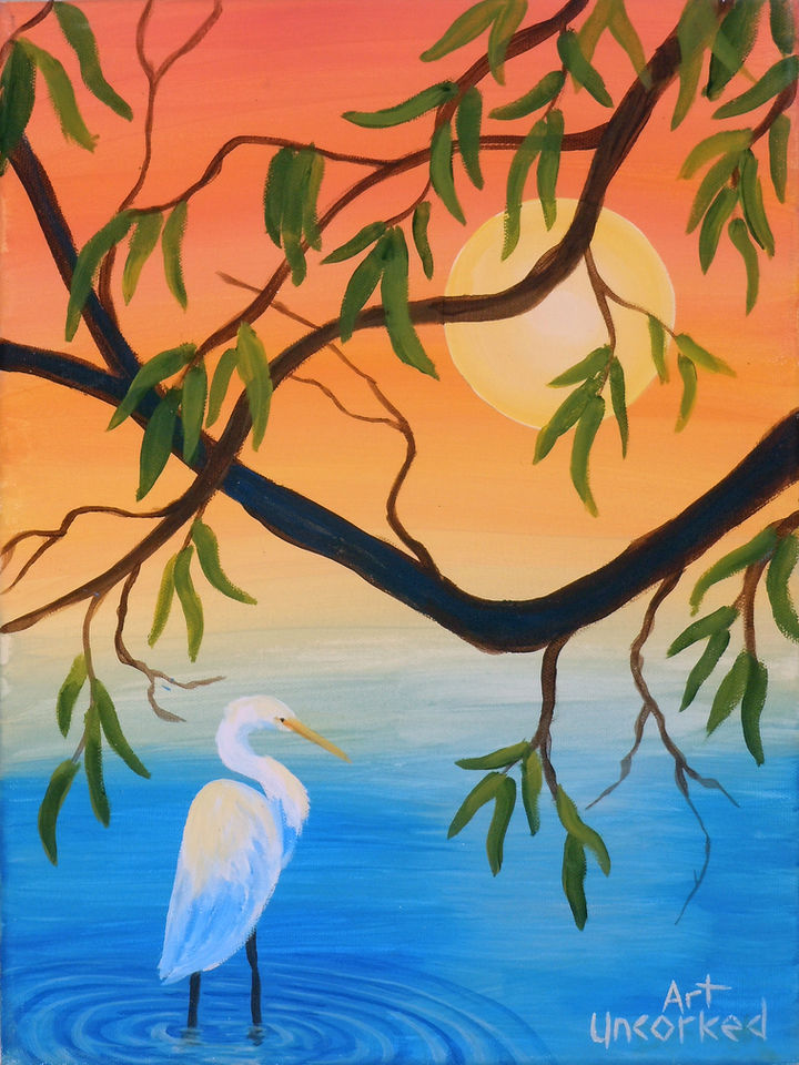 Painting of White Heron standing in a pond under branches aat sunset