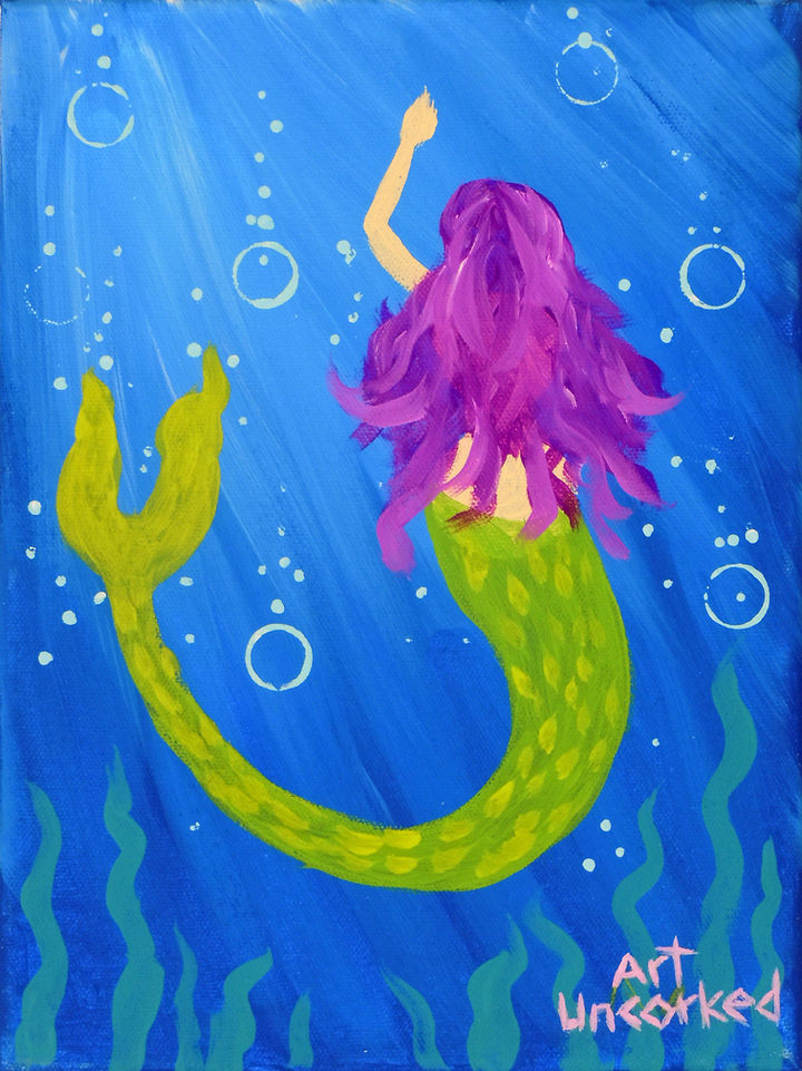 Painting of Mermaid under the sea with bubbles