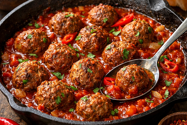 Boulettes de chevreau haché en sauce tomate épicée.png