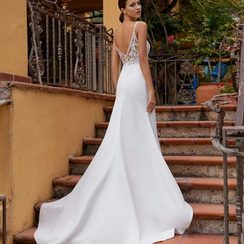Herve Paris - Brautkleid Fit and Flare mit Spitzen-Oberteil und schlichtem Crepe-Rock