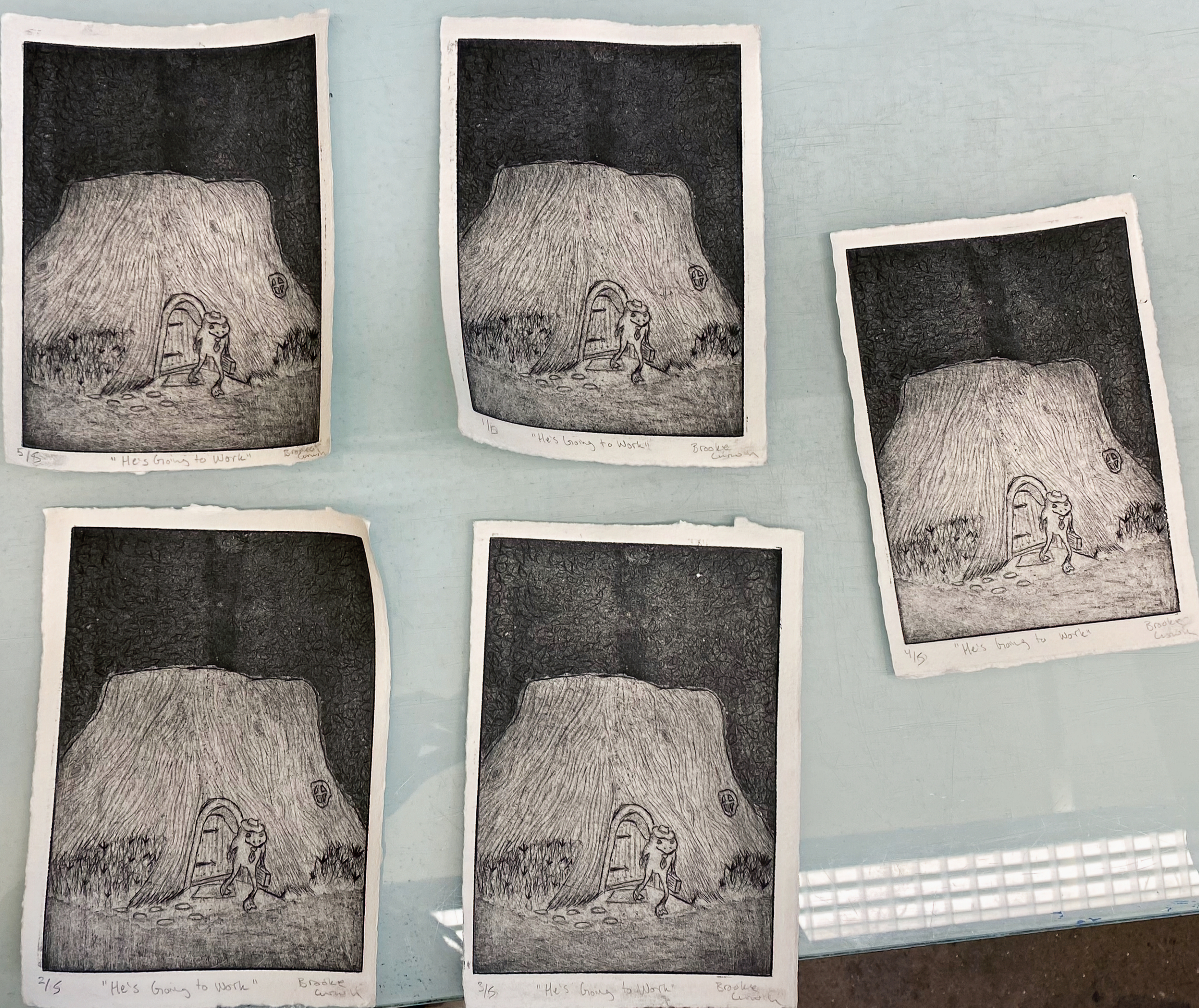Six prints of frog leaving stump-house with briefcase