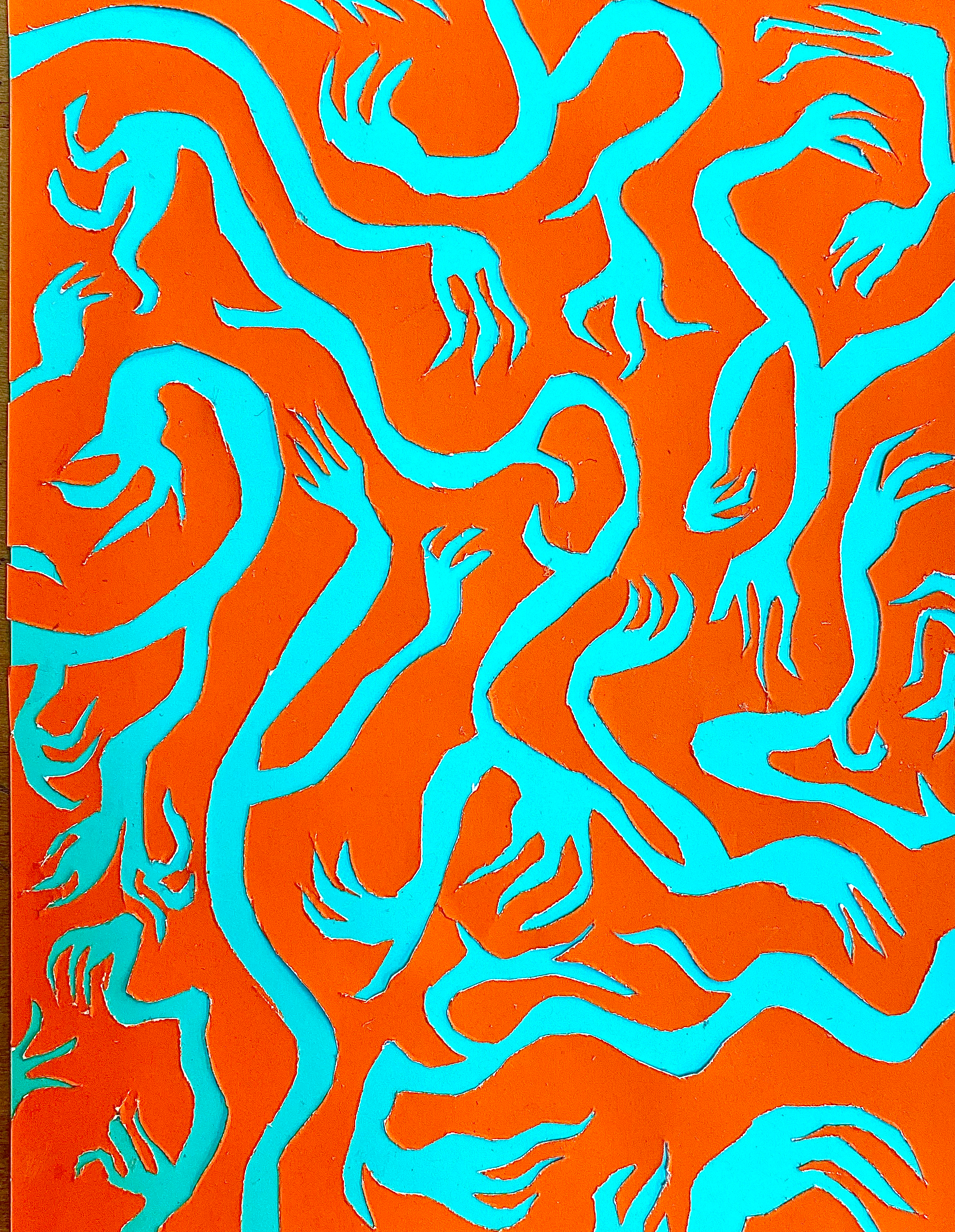 Contrasting image of blue hands on orange background