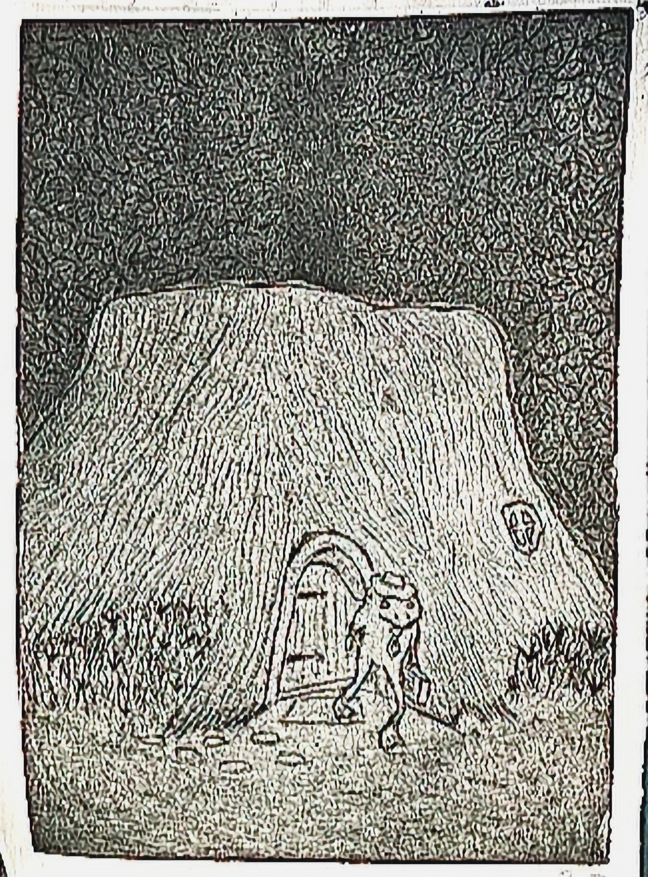 Print of frog leaving stump-house with briefcase