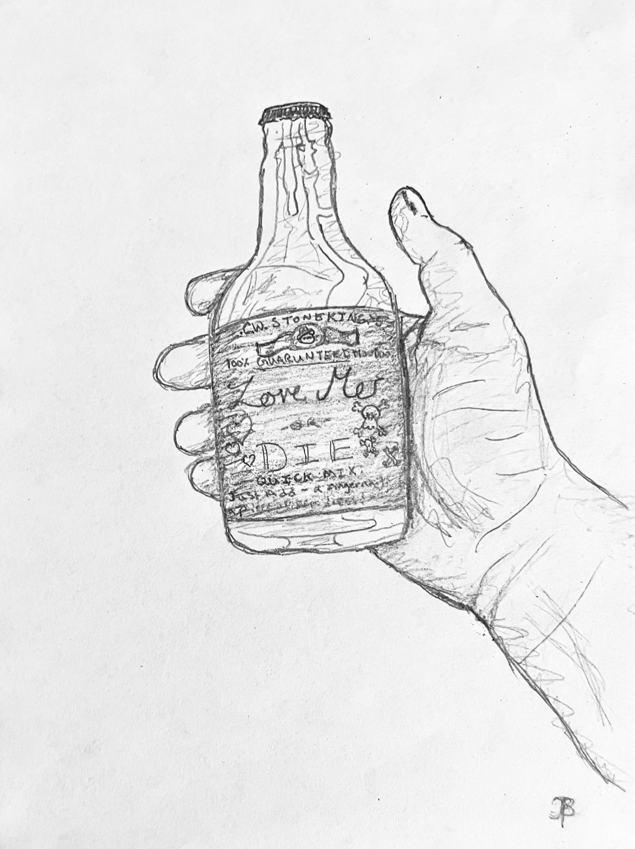 Sketch of a hand holding a bottle