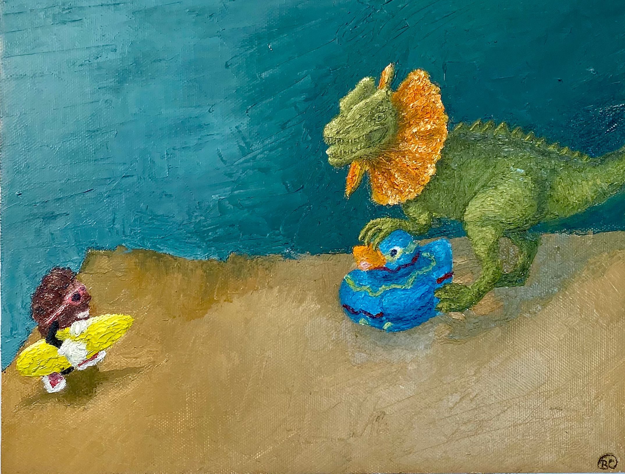 California Raisin Man rescuing rubber duck from dinosaur