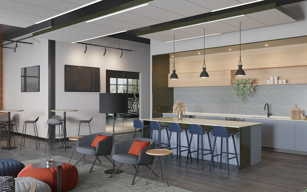 a living room with a long table and chairs