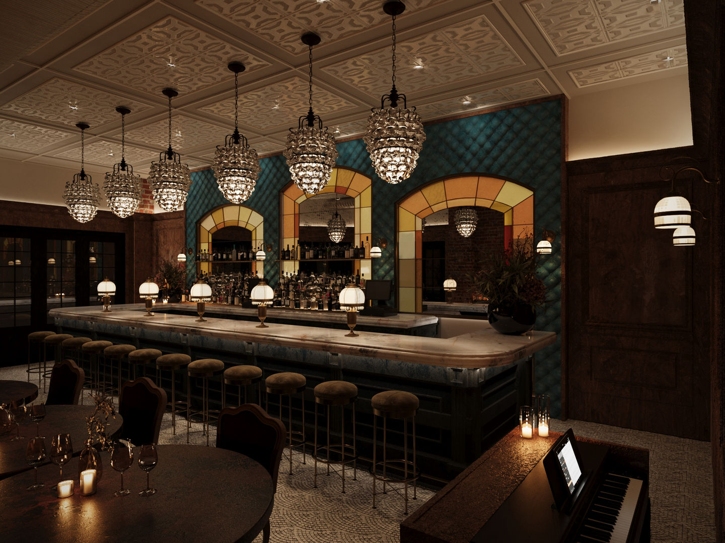 an artist 's impression of a bar with a piano in the foreground