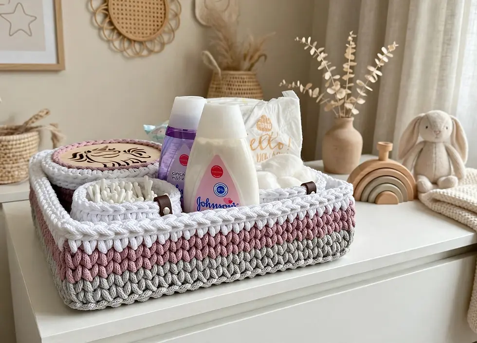 Crochet nursery storage basket set with baby toiletries - pink grey white handmade organiser on nursery dresser