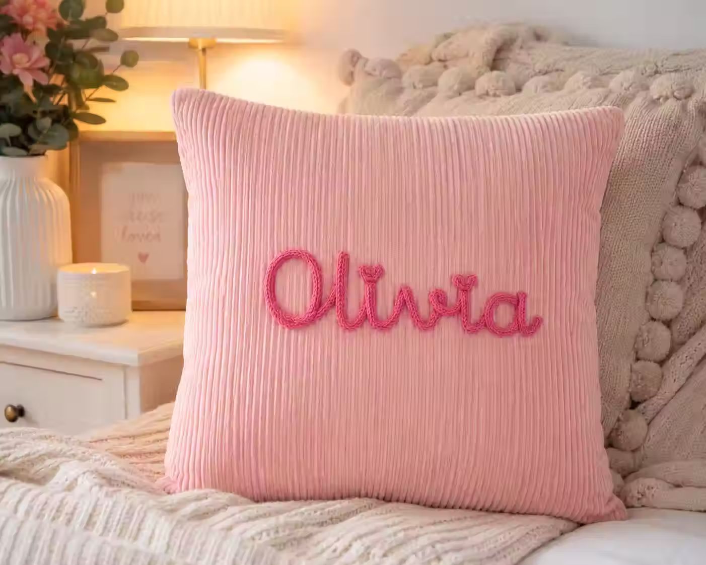 Personalised name cushion - pink cord cushion with hand embroidered name Olivia in pink yarn - handmade nursery decor