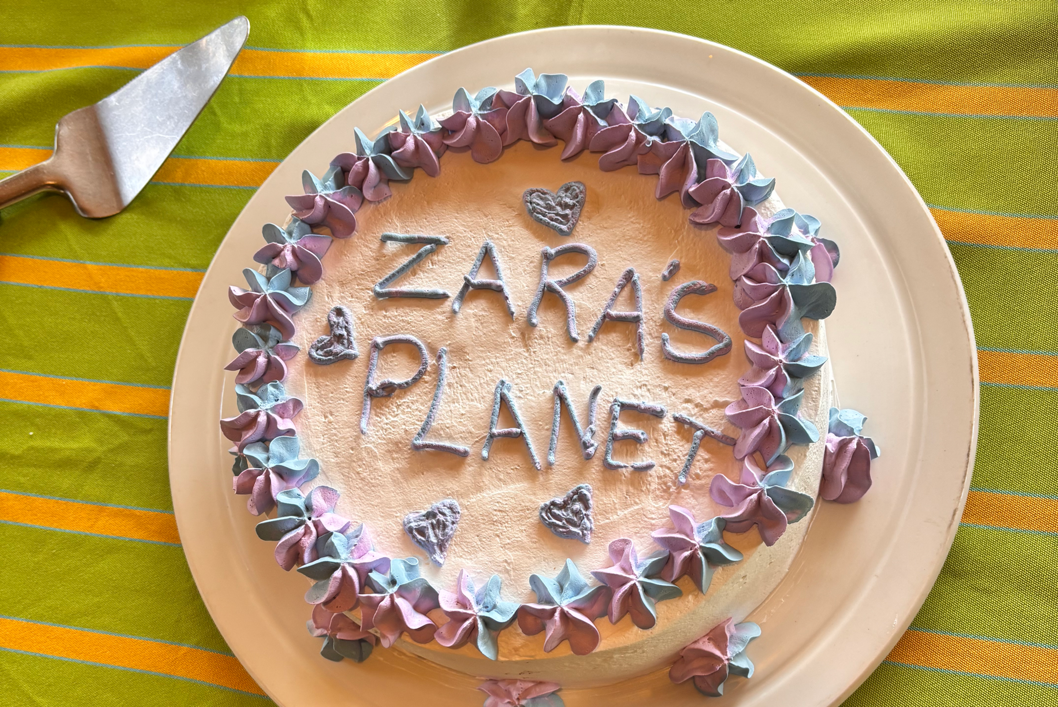 Zara's Planet cake being served at lunch