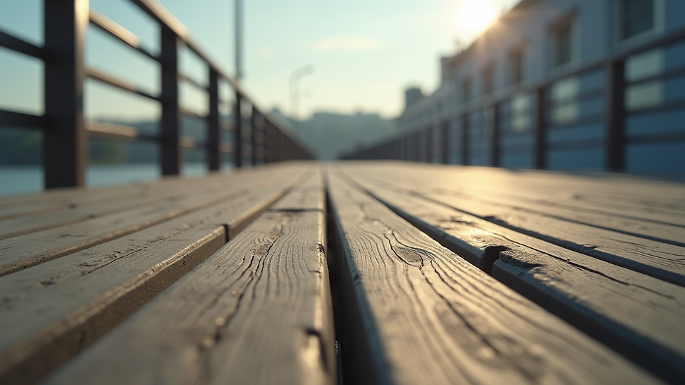Eye-level view of a wooden commercial deck with visible wear and tear
