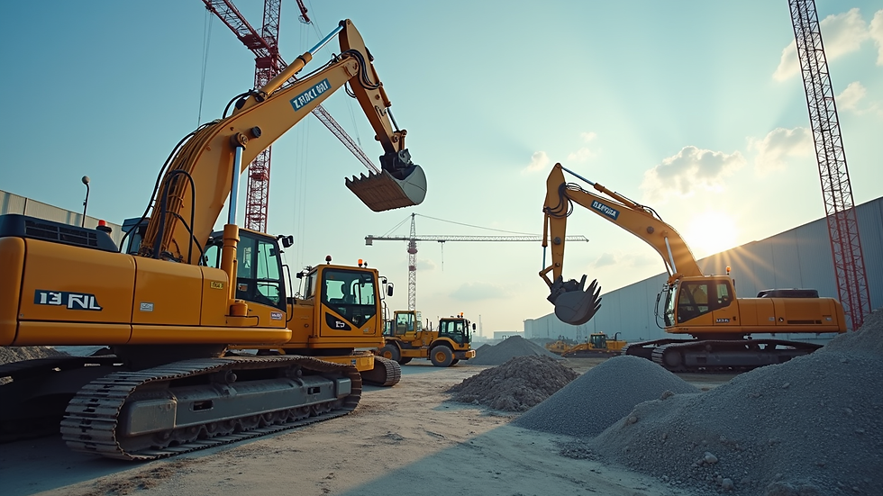 Wide angle view of a commercial construction site with heavy machinery