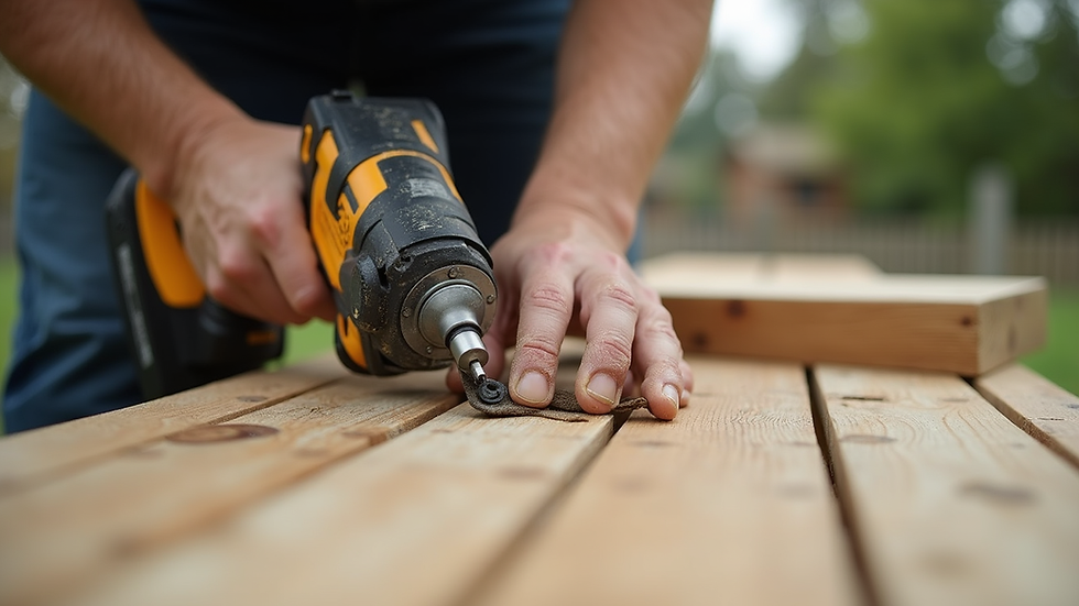 Close-up view of a carpenter repairing a wooden deck with power tools