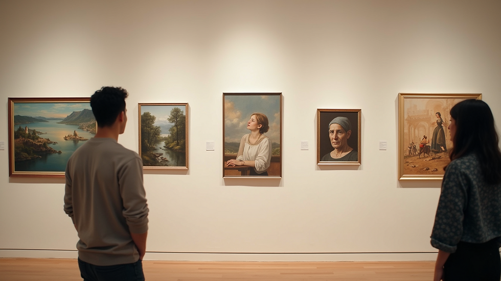 Eye-level view of a gallery wall with diverse paintings displayed