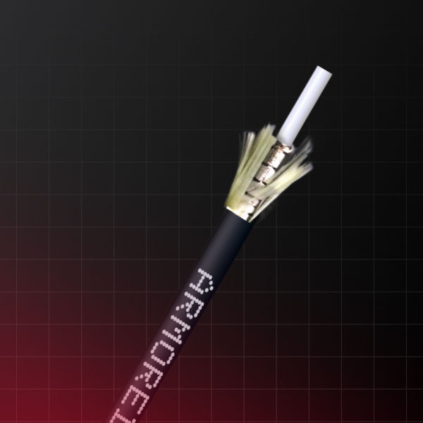 Close-up of a black fiber optic cable cut open, with frayed strands and a white core on a dark grid background.