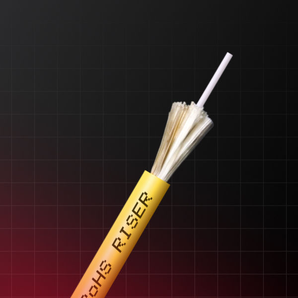 Close-up of a yellow fiber-optic cable with exposed strands and labeled Riser/OFNR, on a dark grid background with red glow