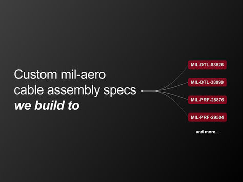 Dark slide with white text Custom mil-aero cable assembly specs we build to, branching to red MIL-DTL labels and and more...