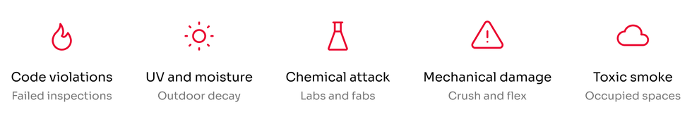 Black slide with five red line icons and labels: Failed inspections, Outdoor decay, Labs and fabs, Crush and flex, Occupied spaces.
